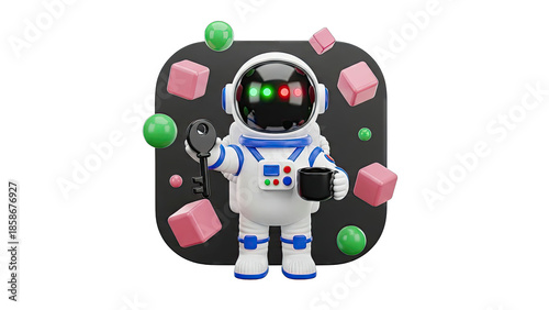 Astronaut Holding Key and Coffee Cup in Space