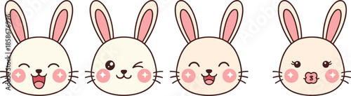 Cute cartoon bunny faces vector set with adorable expressions, kawaii rabbit emojis for kids stickers and playful design