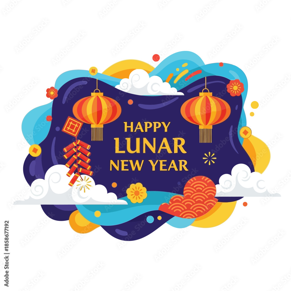 Naklejka premium Vibrant illustration celebrating the Lunar New Year with traditional lanterns, firecrackers, and festive elements against a dynamic background, perfect for greetings and cultural events.