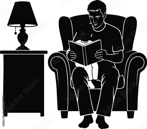 Family story time illustration. Father reading to child on a chair. Togetherness concept.