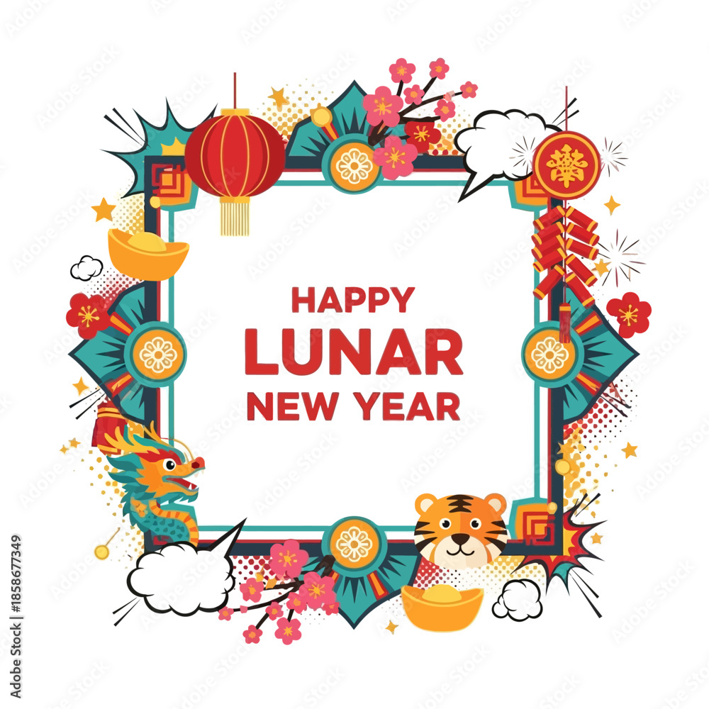 Obraz premium Dynamic Lunar New Year celebration frame illustration, showcasing traditional elements: dragon, tiger, lanterns, firecrackers, and plum blossoms.