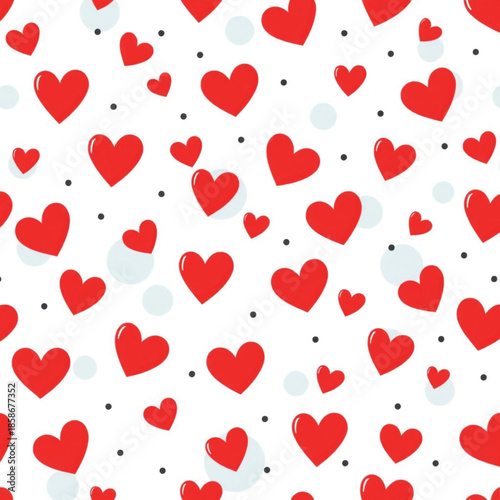 Seamless pattern of vibrant red and pale blue hearts on a white background