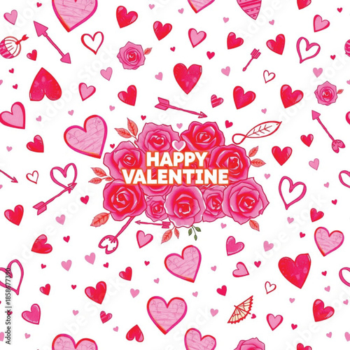 Watercolor hearts roses and arrows create a festive valentine s day pattern background