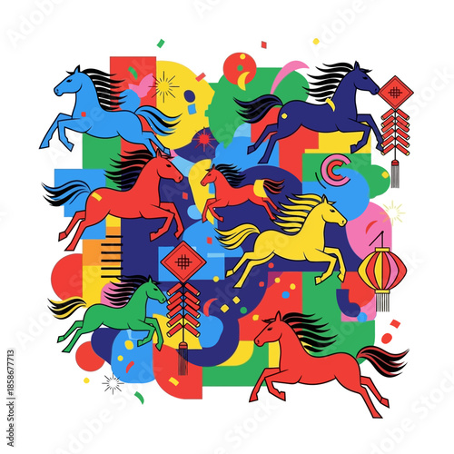 Vibrant graphic art depicting a dynamic scene of colorful horses galloping and celebrating amidst abstract shapes and festive decor.