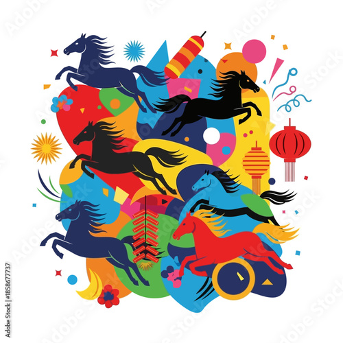 Dynamic vector artwork depicting stylized horses leaping and galloping through a vibrant, abstract festive celebration scene.