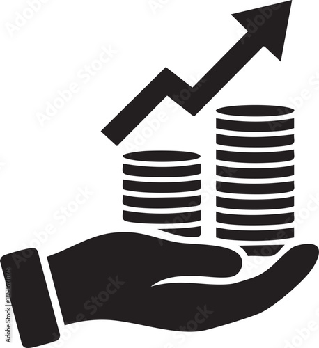 Hand Holding Stack of Coins with Upward Arrow for ROI Silhouettes isolated on white background