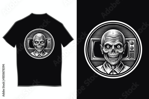 Print A sinister skull creature with sharp teeth and glowing eyes watches a retro television set