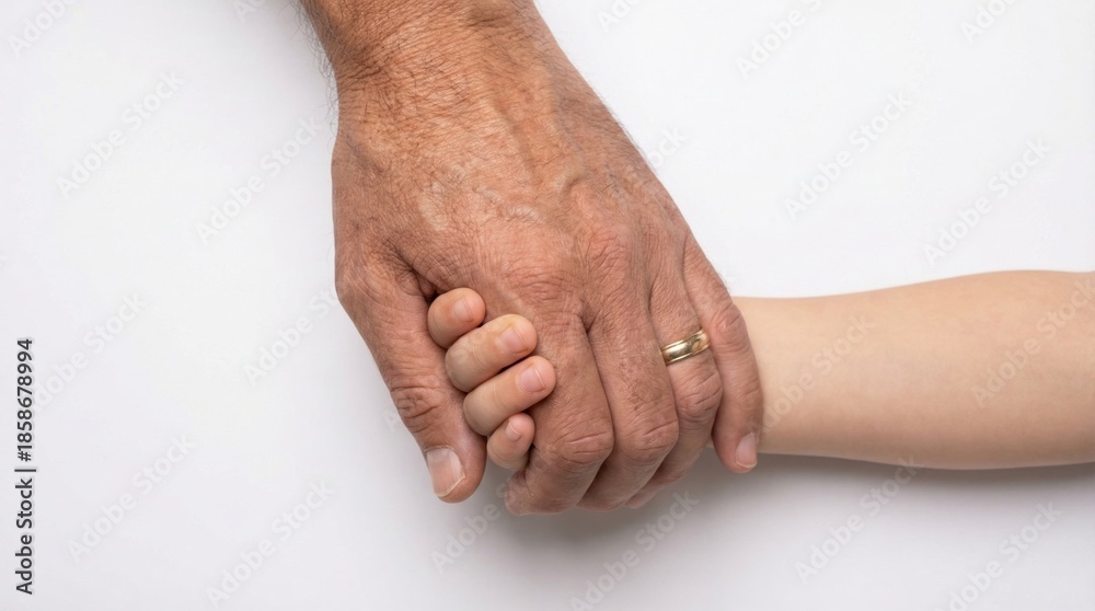 Fototapeta premium Dad's hand holding his daughter's hand on a white background