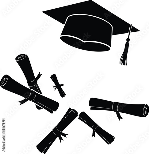 Graduation illustration: Diploma and cap icons. University degree and learning symbol. Academic achievement.