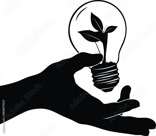 Conceptual Illustration: Hand Holding Bulb with Plant Inside. Symbol of nature and conservation. Sustainable growth.