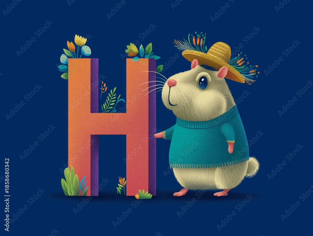 Fototapeta premium Hamster wearing a hat on a head and uppercase latin alphabet letter H on blue background