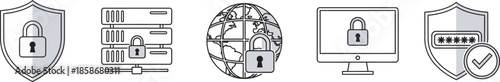 Cybersecurity icons including shields locks and encrypted data