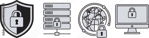 Cybersecurity icons depicting protection servers global network security and secure monitoring