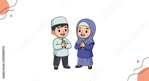 Young muslim boy and girl wearing traditional islamic clothes and greeting each other with a polite gesture on a clean white background.