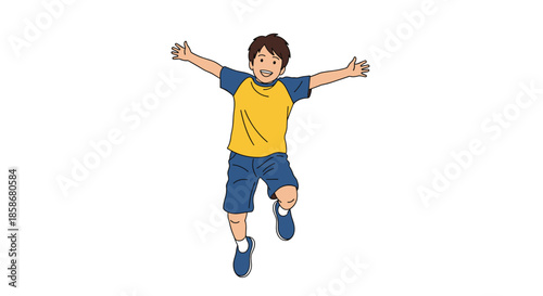 Energetic young boy jumping in the air with his arms spread wide and a happy smile to show pure joy and excitement on a white background.