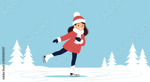Talented young girl ice skating gracefully on a frozen lake with snowy pine trees in the background during the beautiful winter season.