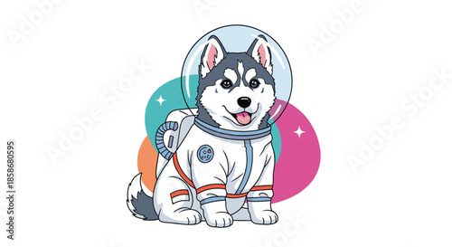 Cute husky dog wearing a detailed astronaut suit and helmet while sitting against a colorful cosmic background for a fun pet space theme.