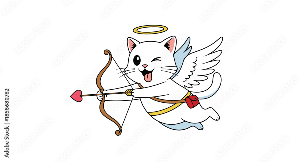 Fototapeta premium Whimsical white cat dressed as a winged cupid aiming a heart-tipped arrow with a bow in a fun Valentine's Day themed illustration.