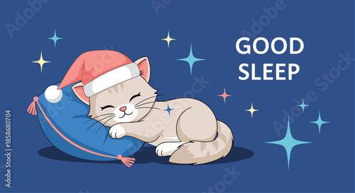Cute kitten wearing a festive red Santa hat sleeps peacefully on a blue pillow, surrounded by shining stars on a dark background.