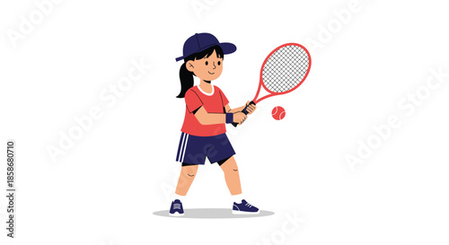 Enthusiastic young girl in a red shirt and blue shorts prepares to hit a tennis ball with her racket on a bright day.