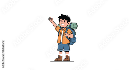 Adventurous boy scout with a backpack and camping gear waves happily while standing on a path for a hiking adventure.