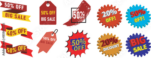 Collection of various discount and sale tags, labels, and price stickers for promotions Vector, illustration