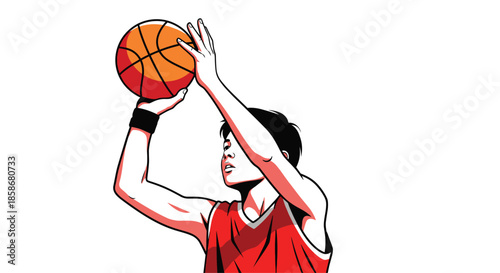 Determined basketball player in a red jersey focuses intensely as he jumps to shoot a ball towards the hoop during a match.