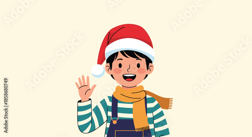 Happy young boy wearing a red Santa hat and a cozy yellow scarf waves cheerfully during the festive Christmas holiday season.