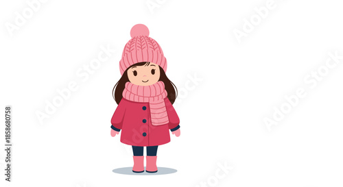 Sweet little girl wrapped up warm in a pink winter coat, matching hat, and long scarf stands ready for the cold snowy weather.