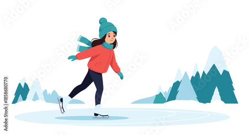 Graceful young girl in a red jacket and blue hat glides across a frozen pond surrounded by a scenic winter mountain landscape.