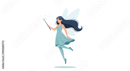 Elegant magical fairy with long flowing dark hair and translucent wings flies gracefully while holding a glowing star-tipped wand.