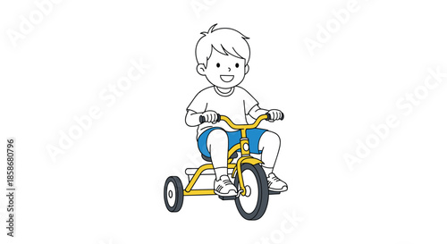 Happy young boy with blond hair rides his yellow tricycle with enthusiasm and a big smile in this fun childhood scene.