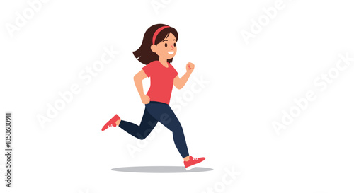 Active young girl with a red headband runs with determination while wearing a red t-shirt and navy blue leggings.