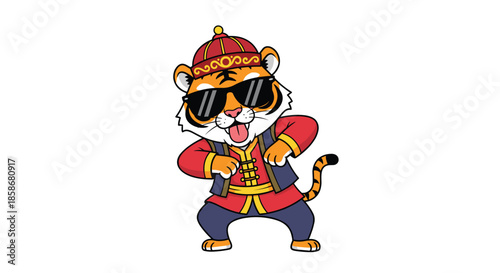 Cool tiger character wearing a traditional red Chinese outfit and sunglasses performs a stylish dance move.