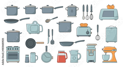 Large collection of various kitchenware icons including pots, pans, tools, and appliances for cooking and baking.
