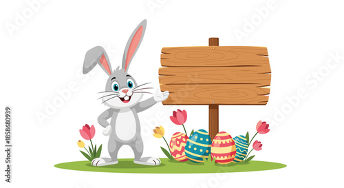 Friendly grey Easter bunny stands next to a wooden signpost in a garden with colorful eggs and flowers.