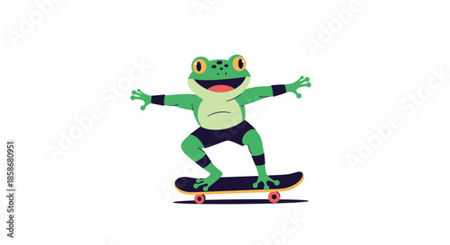 Cool green frog character wearing shorts and wristbands performs a trick while riding a black skateboard.