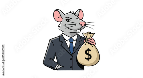 Cartoon depiction of a greedy rat wearing a formal business suit and holding a large sack of money with a dollar sign.