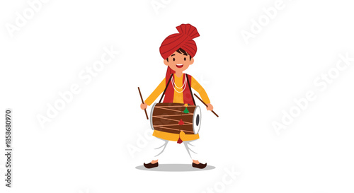 Little boy in traditional Indian attire wearing a red turban plays a dhol drum with sticks during a festive event.