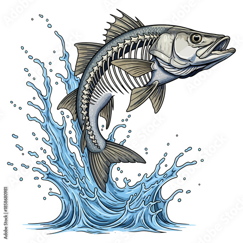 Jumping snook fish skeleton with blue water splash vector illustration