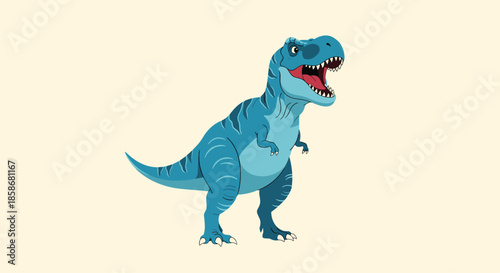 Large blue prehistoric tyrannosaurus rex dinosaur walking and roaring with its mouth wide open on a simple beige background for education.