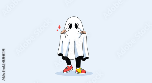 Person dressed up as a spooky ghost using a white sheet with two black eye holes and wearing red and yellow sneakers on a blue background.