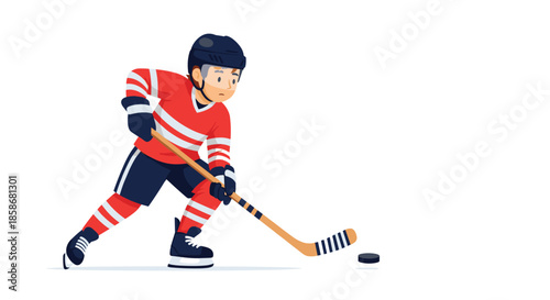 Professional hockey player in a red and white striped jersey handling a puck with a stick on the ice rink during an intense sports match.