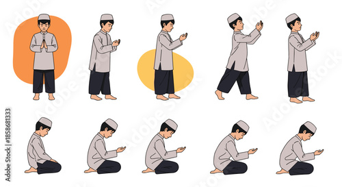 Illustration showing a young boy in various poses and positions performing the traditional muslim prayer sequence for educational use.