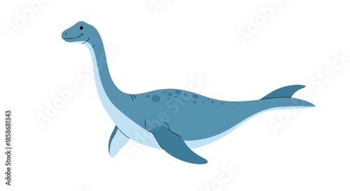 Prehistoric blue plesiosaur aquatic dinosaur swimming through the ocean with its long neck and flippers on a clean white background.
