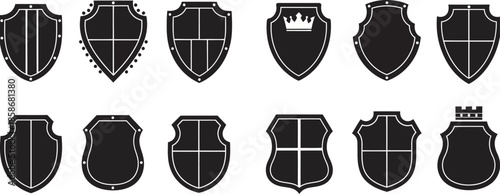 Collection of 12 heraldic shields with various shapes and crowns