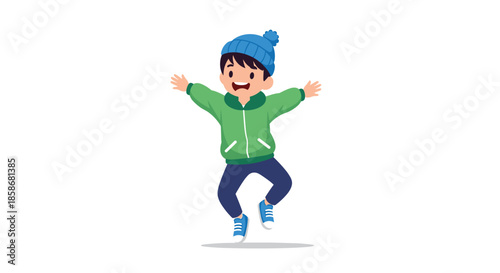 Young boy wearing a green winter jacket and blue beanie jumping enthusiastically with arms open in the air outdoors.