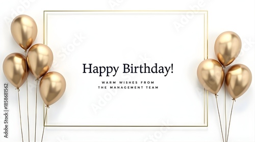 Corporate birthday card with gold balloons and minimalist white background for formal greetings
