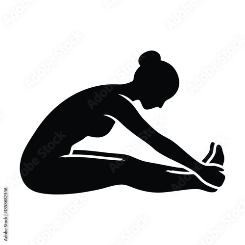 Black silhouette of a woman stretching her legs forward yoga fitness