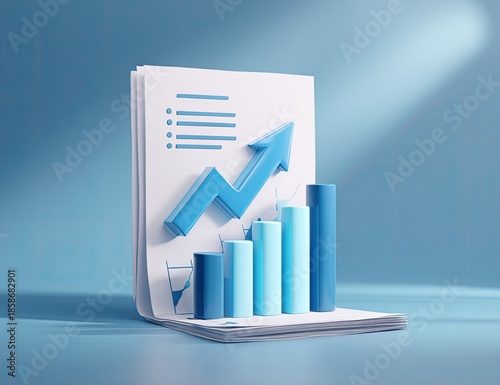 Rising graph on paper, 3D render. Blue gradient, growth concept, light beam
